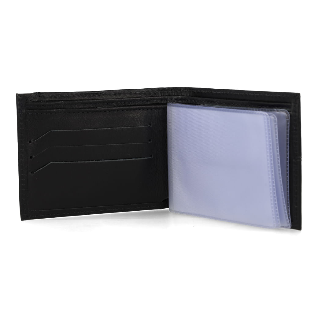 Carteira masculina Constantino em couro sintético preto, vista interna aberta mostrando compartimentos para cartões e notas